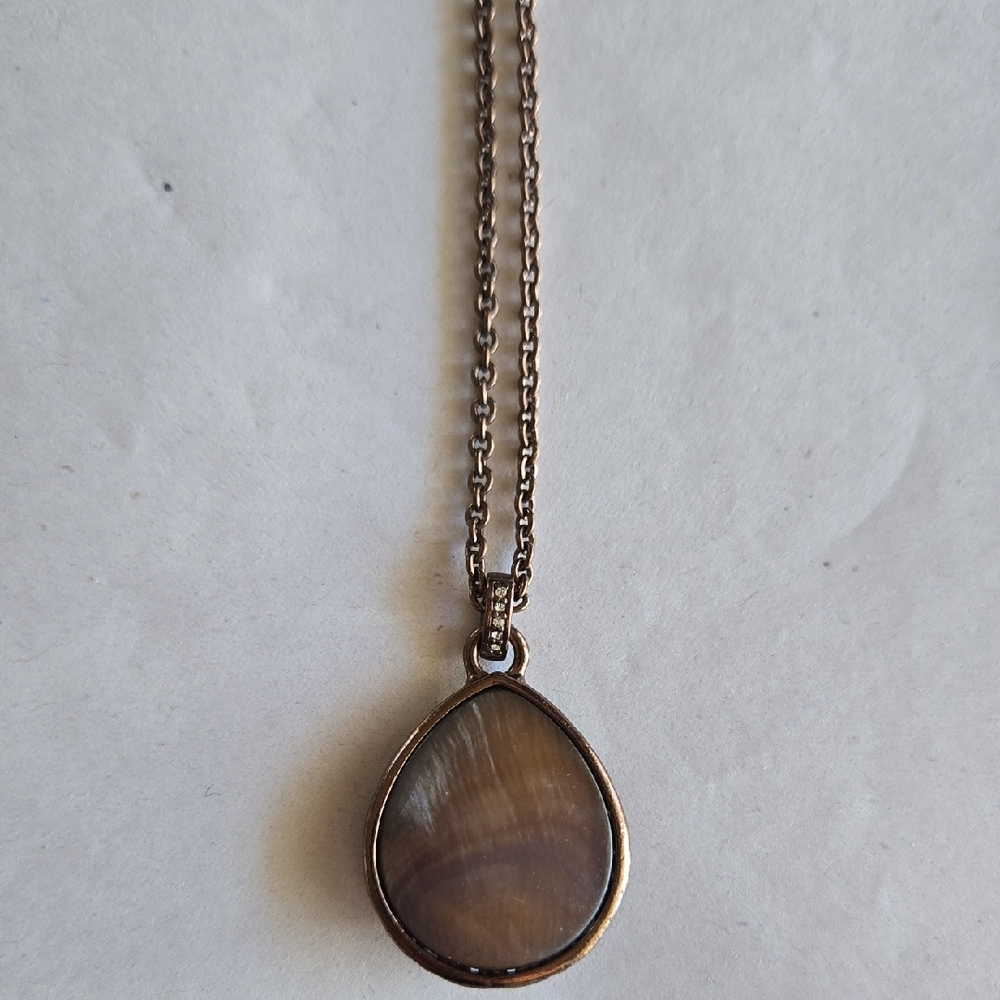 Fossil Bronze-Tone Iridescent Stone Teardrop Reversible Boho Pendant Necklace